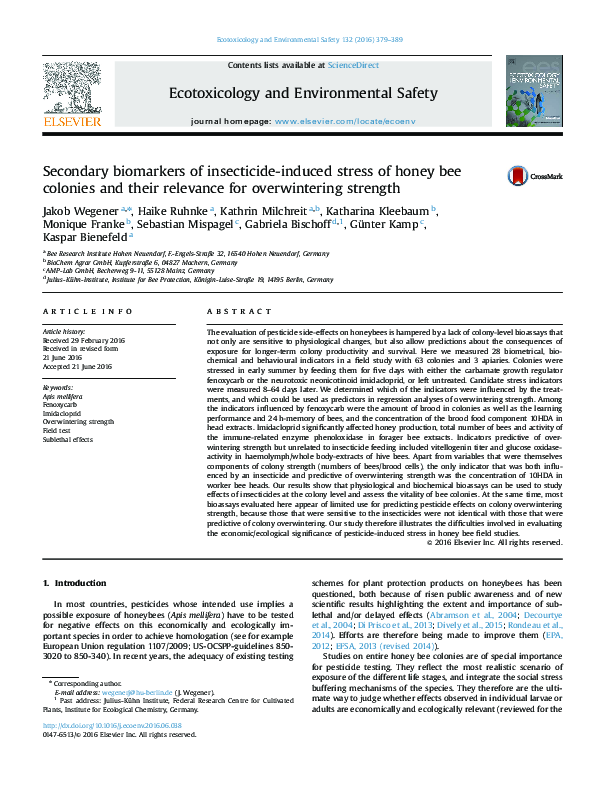 (PDF) Secondary biomarkers of insecticide-induced stress of honey bee ...