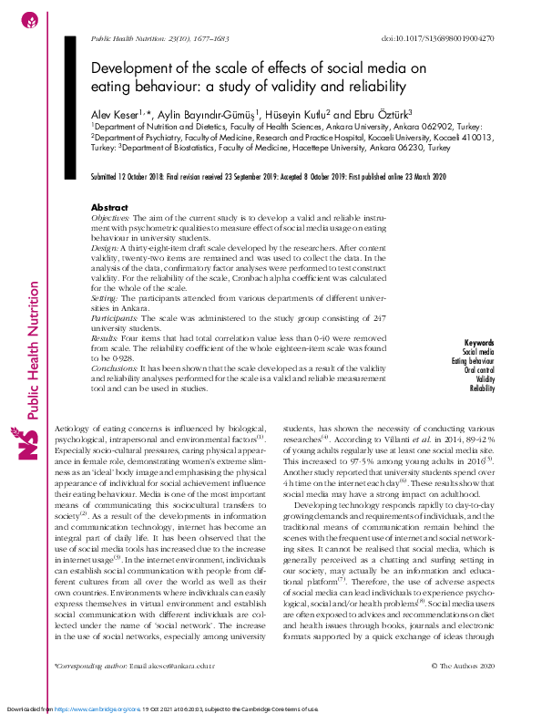 (PDF) Development of the scale of effects of social media on eating ...