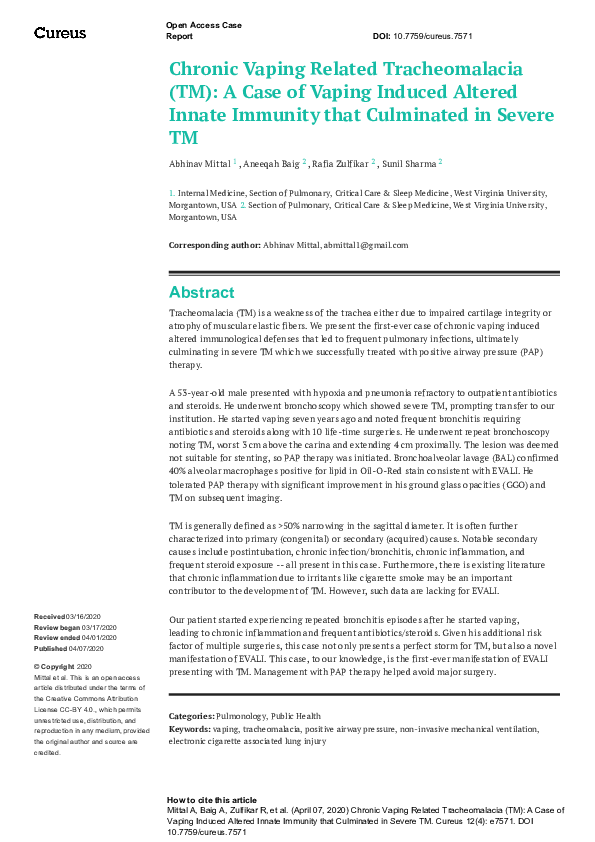 (PDF) Chronic Vaping Related Tracheomalacia (TM): A Case of Vaping ...
