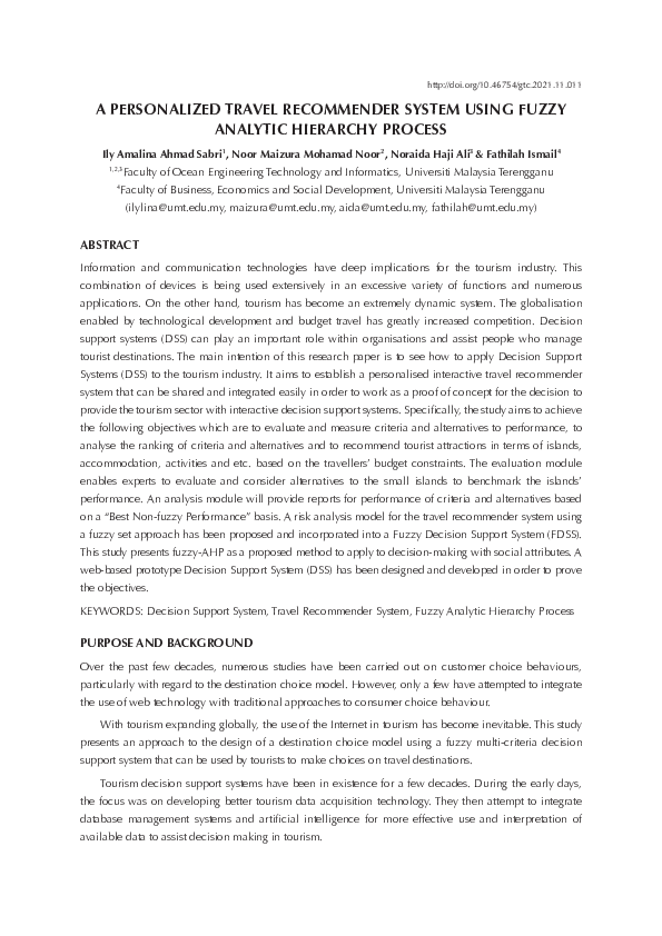 (PDF) A Personalized Travel Recommender System Using Fuzzy Analytic ...