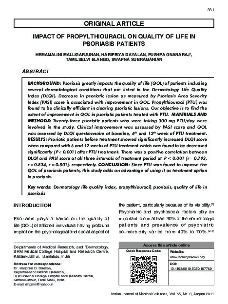 (PDF) Impact of propylthiouracil on quality of life in psoriasis patients