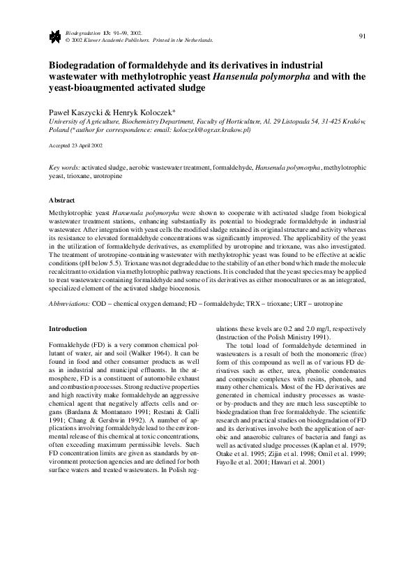 (PDF) Biodegradation of formaldehyde and its derivatives in industrial ...