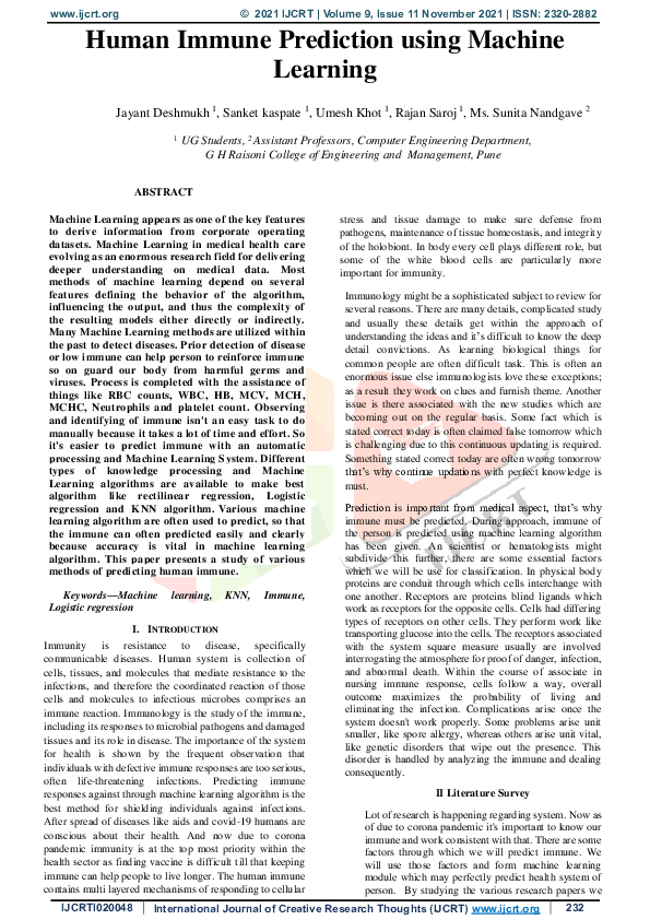 (PDF) Human Immune Prediction using Machine Learning