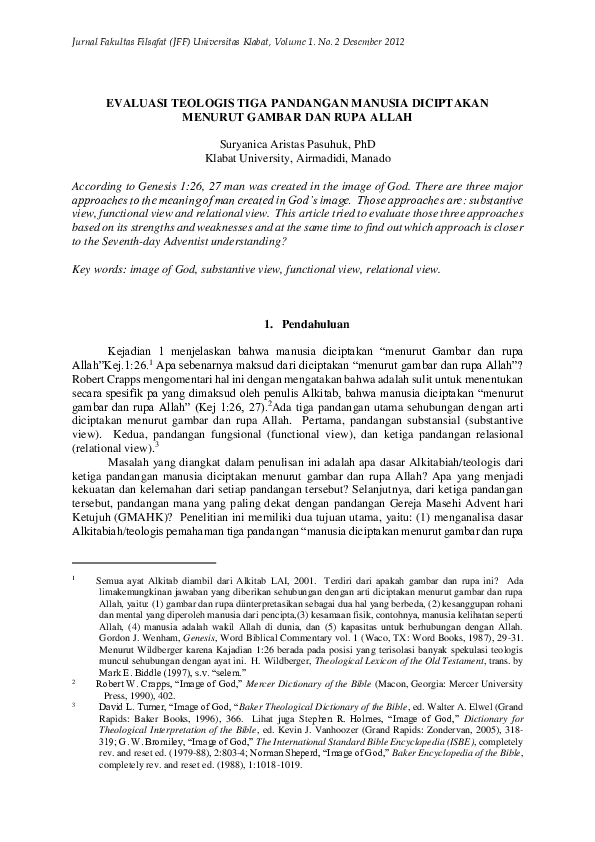 (PDF) Evaluasi Teologis Tiga Pandangan Manusia Diciptakan Menurut