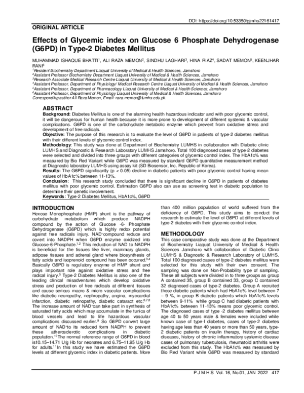 (PDF) Effects of Glycemic index on Glucose 6 Phosphate Dehydrogenase ...