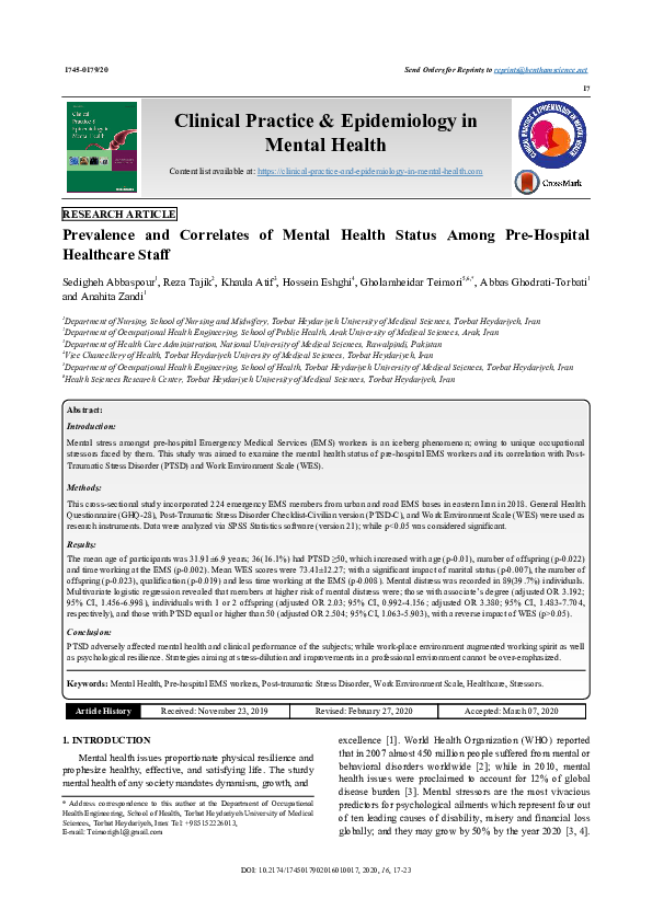 (PDF) The study of mental health status among staff