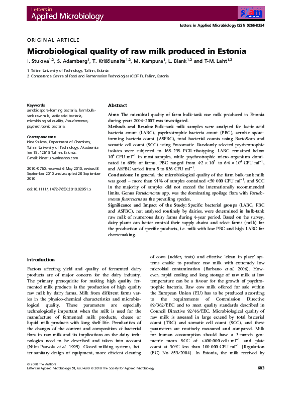 (PDF) Microbiological quality of raw milk produced in Estonia