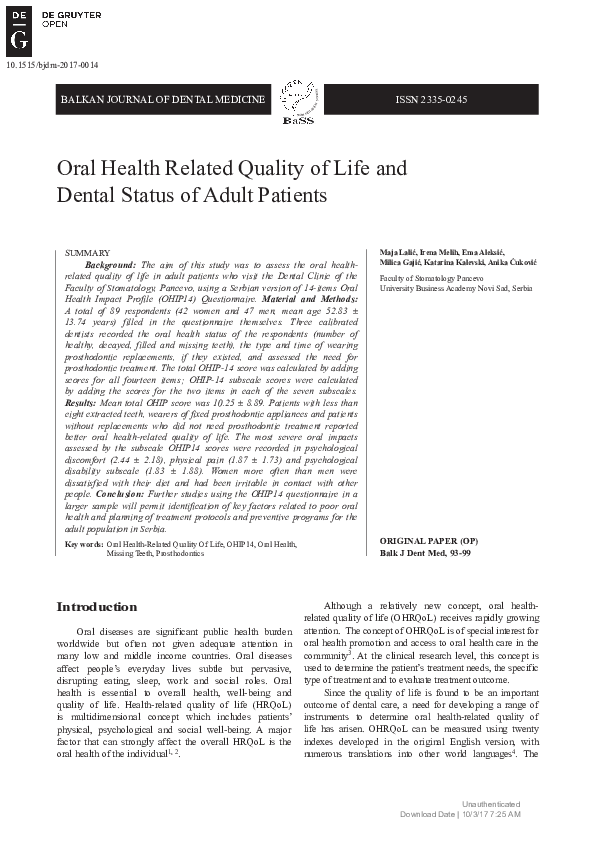 (PDF) Oral health-related quality of life and dental status in an ...