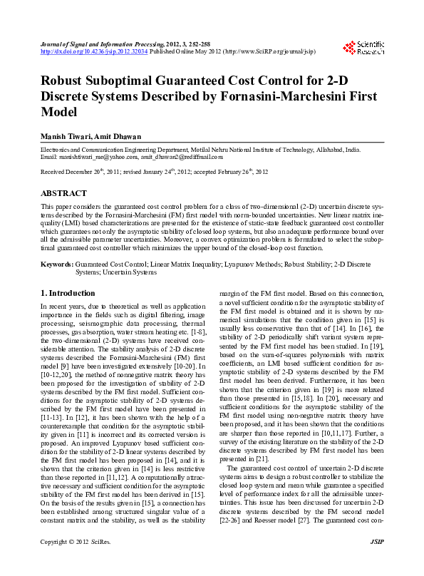 (PDF) Robust Suboptimal Guaranteed Cost Control for 2-D Discrete ...