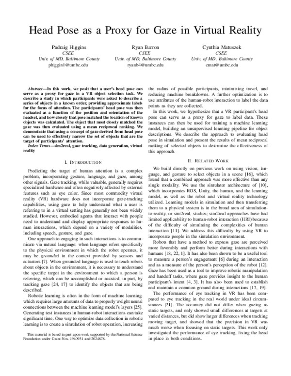 (PDF) Head Pose as a Proxy for Gaze in Virtual Reality