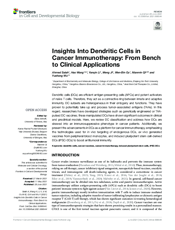 (PDF) Insights Into Dendritic Cells in Cancer Immunotherapy: From Bench ...