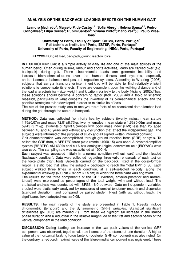 (PDF) Analysis of the Backpack Loading Efects on the Human Gait