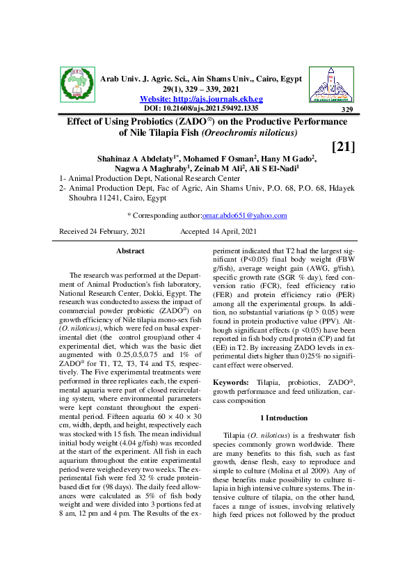 (PDF) Effect of Using Probiotics (ZADO®) on the Productive Performance ...