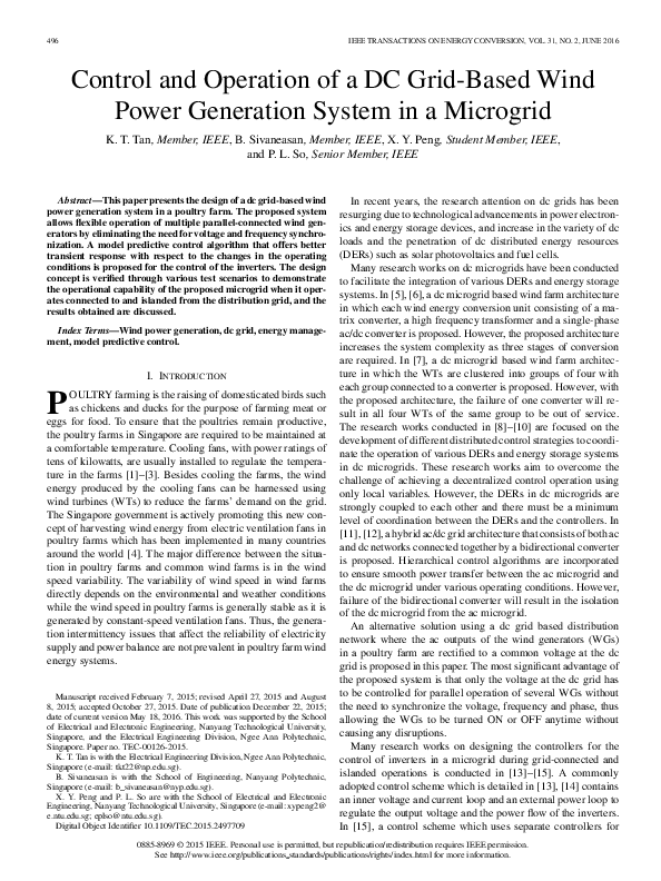 (PDF) Control and Operation of a DC GridBased Wind Power Generation