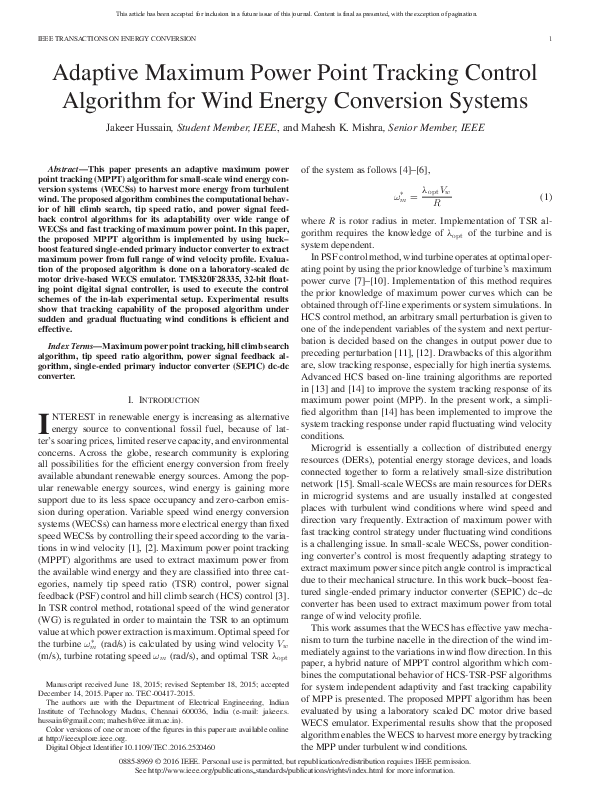 (PDF) Adaptive Maximum Power Point Tracking Control Algorithm for Wind ...