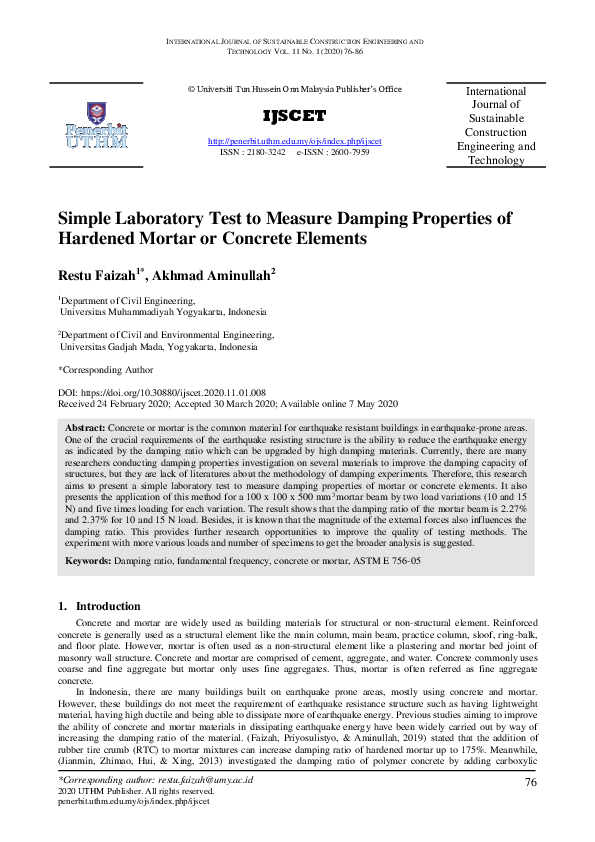 (PDF) Simple Laboratory Test to Measure Damping Properties of Hardened ...