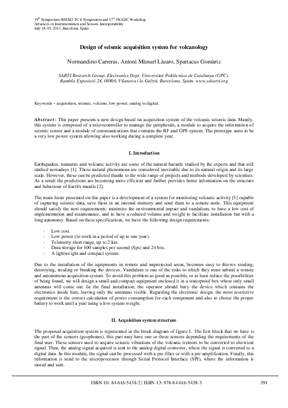 (PDF) Design of seismic acquisition system for volcanology