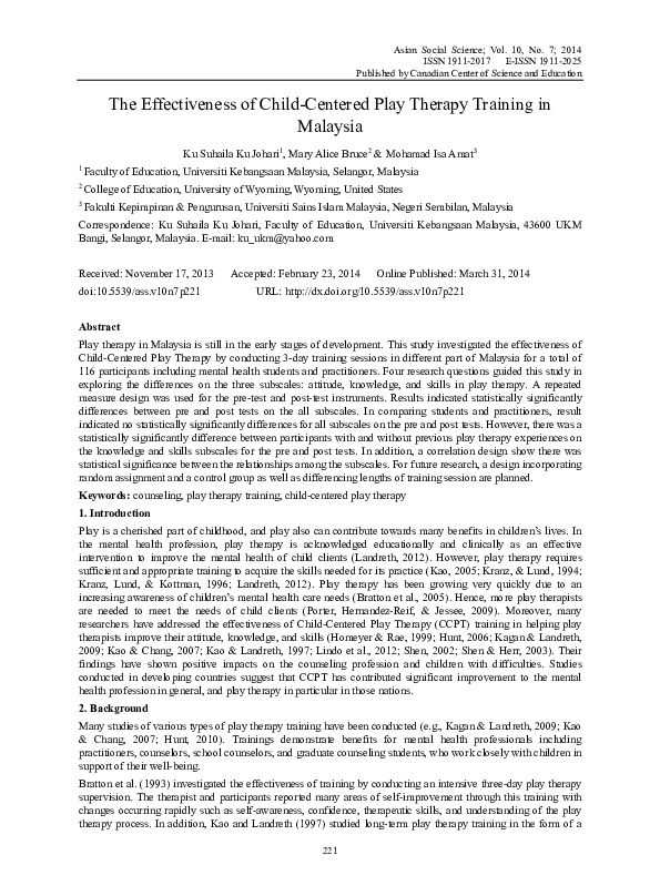 (PDF) The Effectiveness of Child-Centered Play Therapy Training in Malaysia