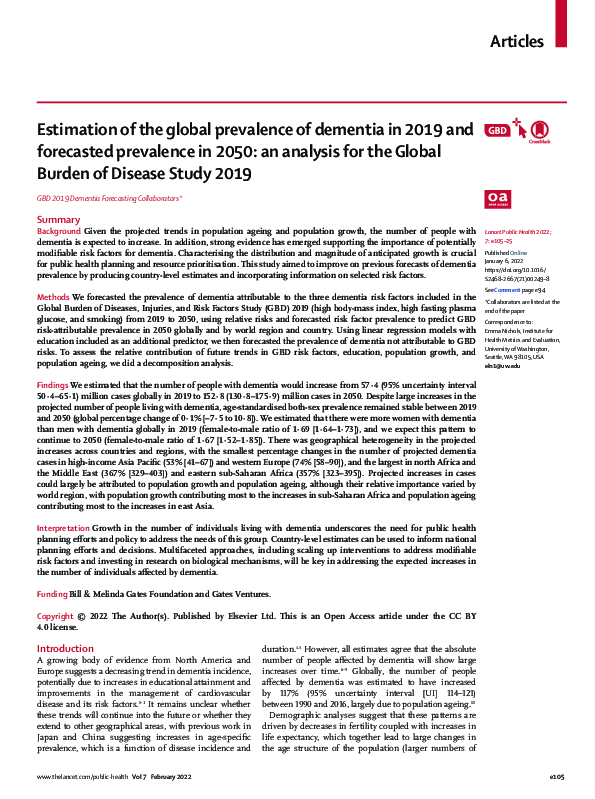 (PDF) Estimation of the global prevalence of dementia in 2019 and ...