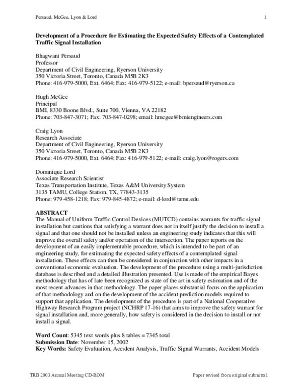 (PDF) Development of a Procedure for Estimating Expected Safety Effects ...