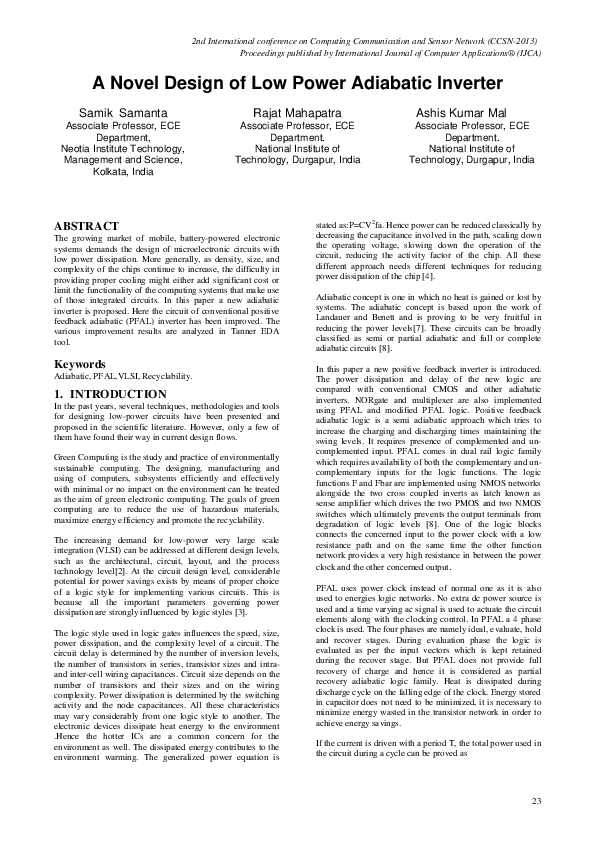 (PDF) A Novel Design of Low Power Adiabatic Inverter
