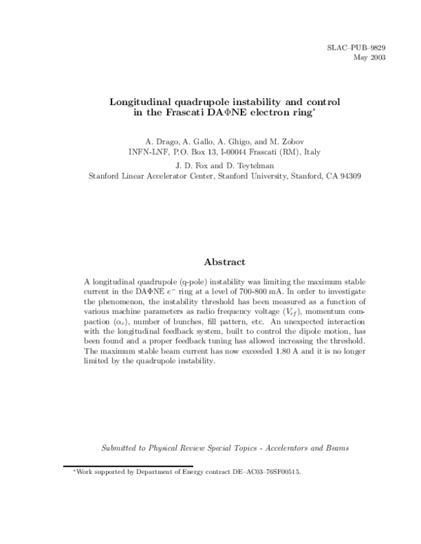 (PDF) Longitudinal quadrupole instability and control in the Frascati ...