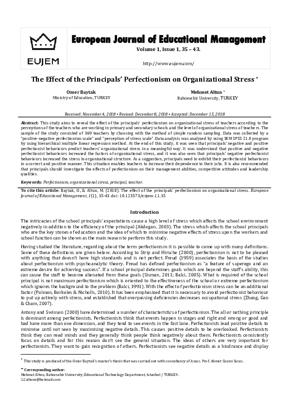 (PDF) The Effect of the Principals’ Perfectionism on Organizational Stress