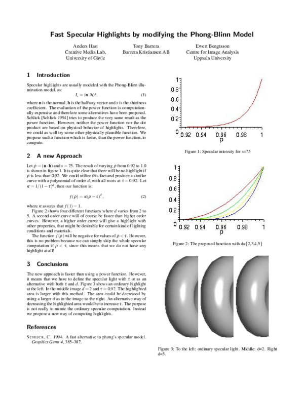 (PDF) Fast specular highlights by modifying the PhongBlinn model