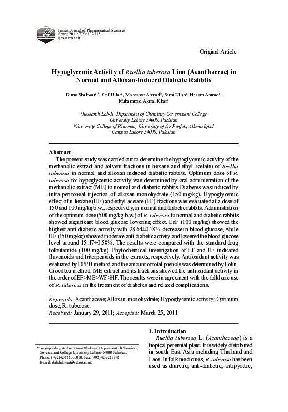 (PDF) Hypoglycemic Activity of Ruellia tuberosa Linn (Acanthaceae) in ...