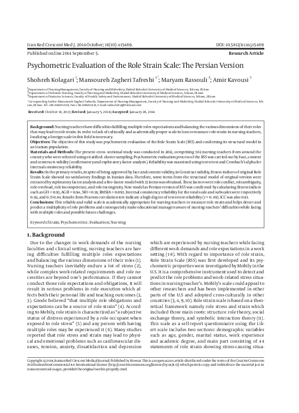 (PDF) Psychometric Evaluation of the Role Strain Scale: The Persian Version