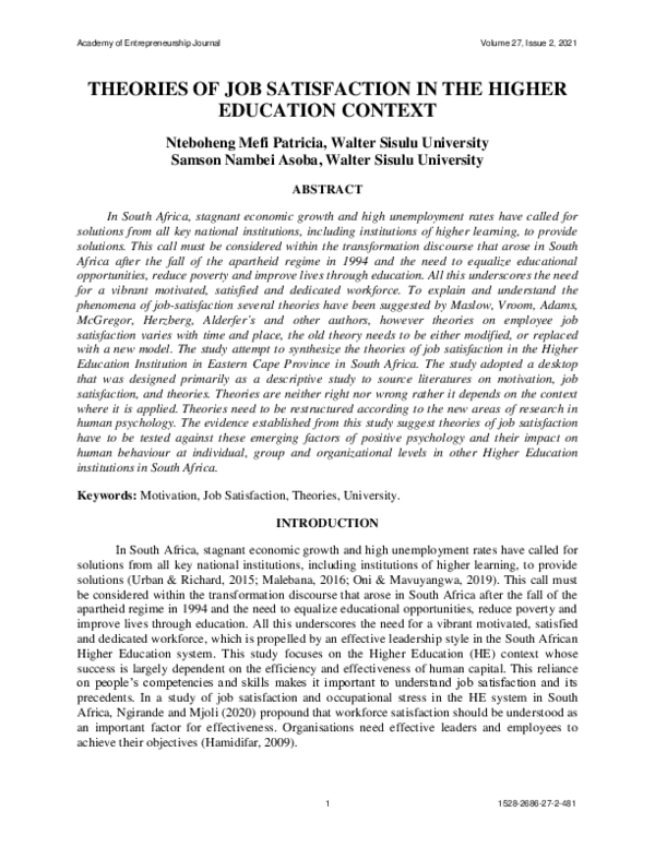 (PDF) Theories of Job Satisfaction in the Higher Education Context