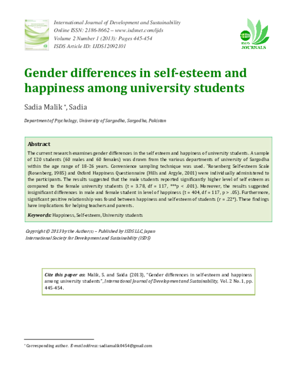 (PDF) Gender differences in self-esteem and happiness among university ...
