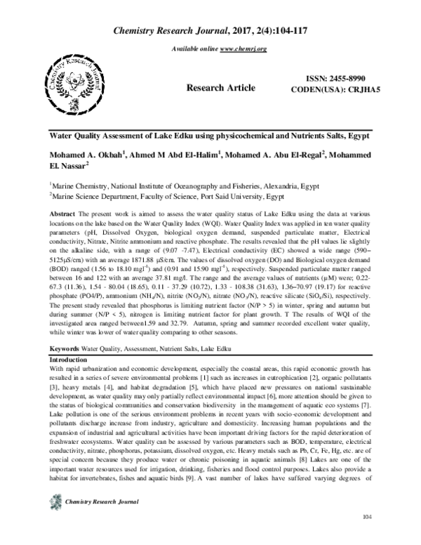 (PDF) Water Quality Assessment of Lake Edku using physicochemical and ...