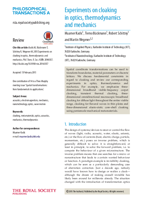 (PDF) Experiments on cloaking in optics, thermodynamics and mechanics