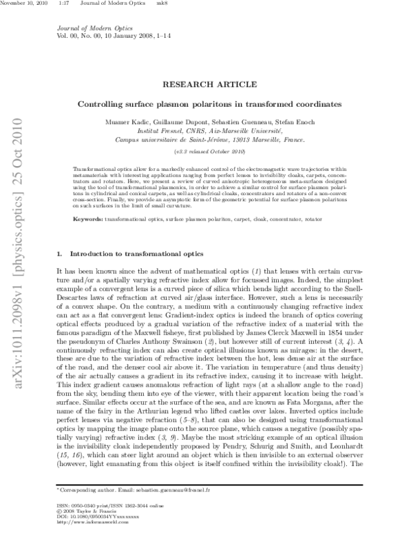 (PDF) Controlling surface plasmon polaritons in transformed coordinates ...
