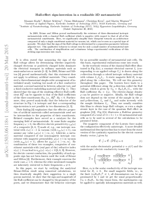 (PDF) Hall-Effect Sign Inversion in a Realizable 3D Metamaterial