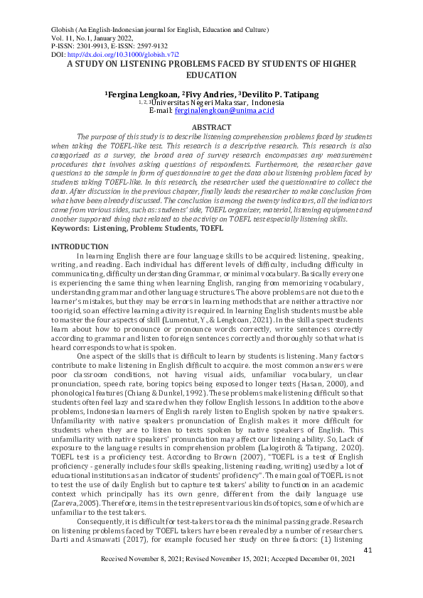 (PDF) A Study on Listening Problems Faced by Students of Higher Education