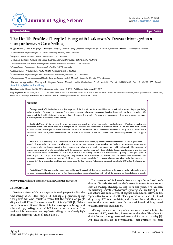 (PDF) The Health Profile of People Living with Parkinson?s Disease ...
