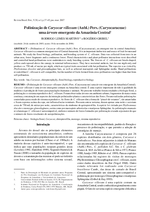 (PDF) Pollination of Caryocar villosum (Aubl.) Pers. (Caryocaraceae ...
