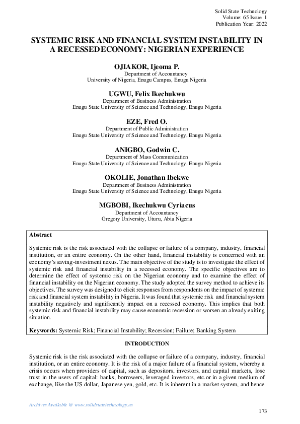(PDF) SYSTEMIC RISK AND FINANCIAL SYSTEM INSTABILITY IN A RECESSED ...