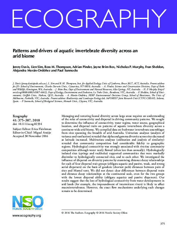 (PDF) Patterns and drivers of aquatic invertebrate diversity across an ...