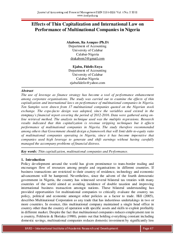 (PDF) Effects of Thin Capitalization and International Law on ...