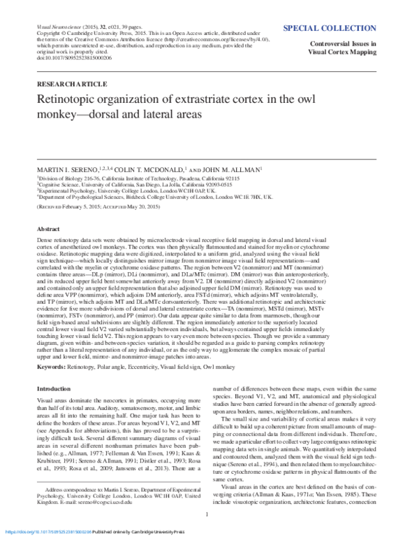 (PDF) Retinotopic organization of extrastriate cortex in the owl monkey ...