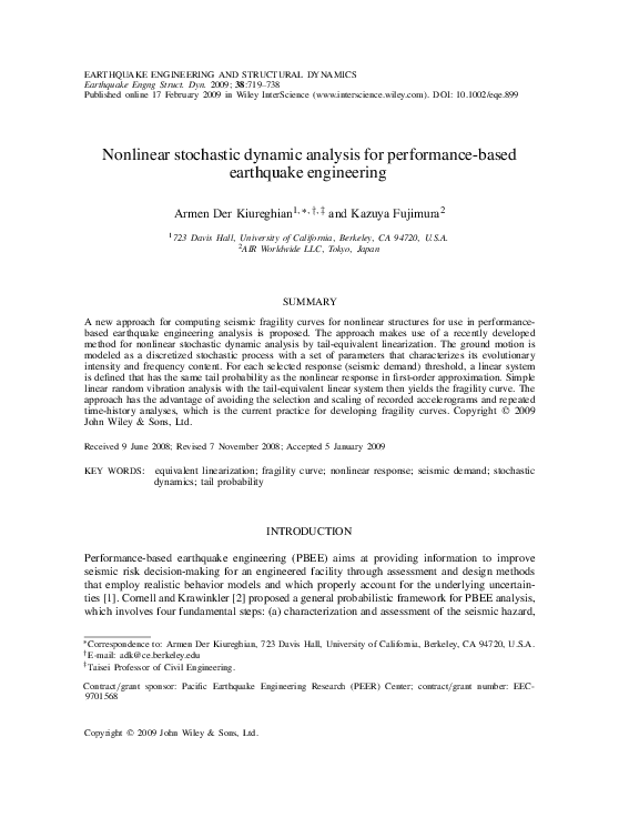 (PDF) Nonlinear stochastic dynamic analysis for performance-based ...