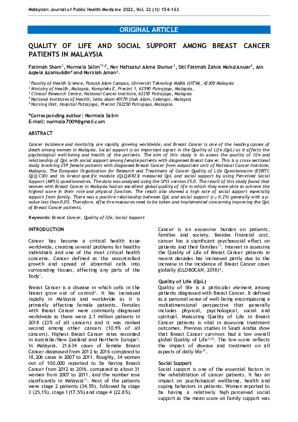 (PDF) Quality of Life and Social Support Among Breast Cancer Patients ...