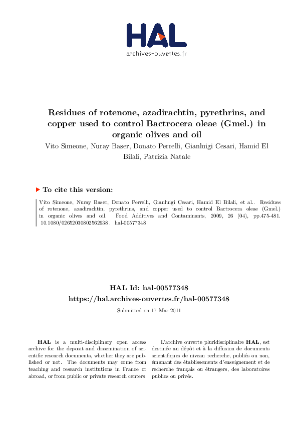 (PDF) Residues of rotenone, azadirachtin, pyrethrins and copper used to ...