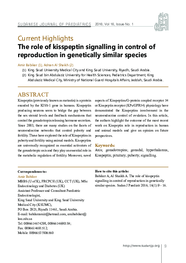(PDF) The role of kisspeptin signalling in control of reproduction in ...