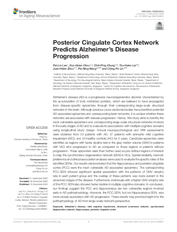(PDF) Posterior Cingulate Cortex Network Predicts Alzheimer's Disease ...