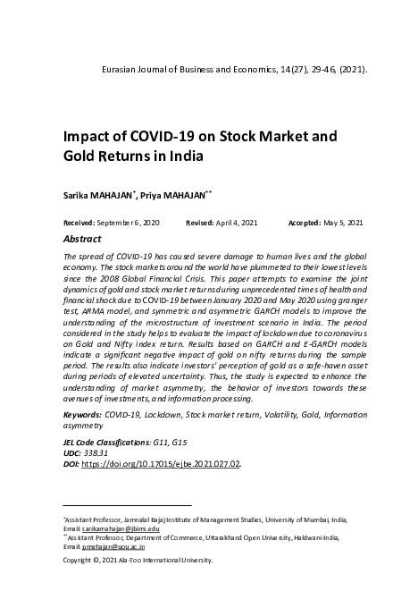 (PDF) Impact of COVID-19 on Stock Market and Gold Returns in India