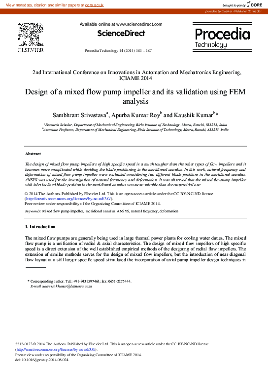 (PDF) Design of a Mixed Flow Pump Impeller and its Validation Using FEM ...